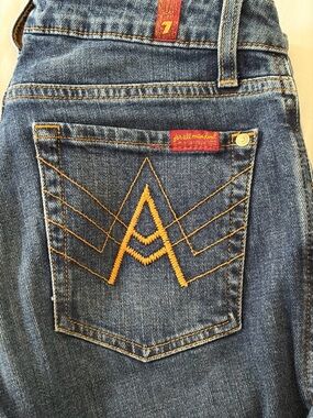 7 For All Mankind Blue Denim Jeans with Yellow Stitching
